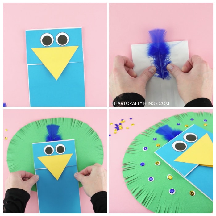 Four image collage showing how to glue the eyes on the puppet, how to tape the blue feather on the back of the paper lunch bag, how to glue the paper bag to the peacock feathers, and how to decorate the feathers with blue and gold sequins.