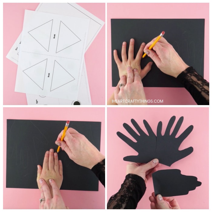 Four image collage showing printed out crow puppet template, an adult tracing a child's handprints on a black piece of construction paper and an adult holding the cut out handprints.