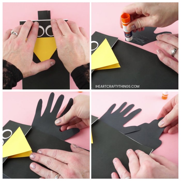 Four image collage showing adult gluing the eyes and feathers onto the paper bag puppet.