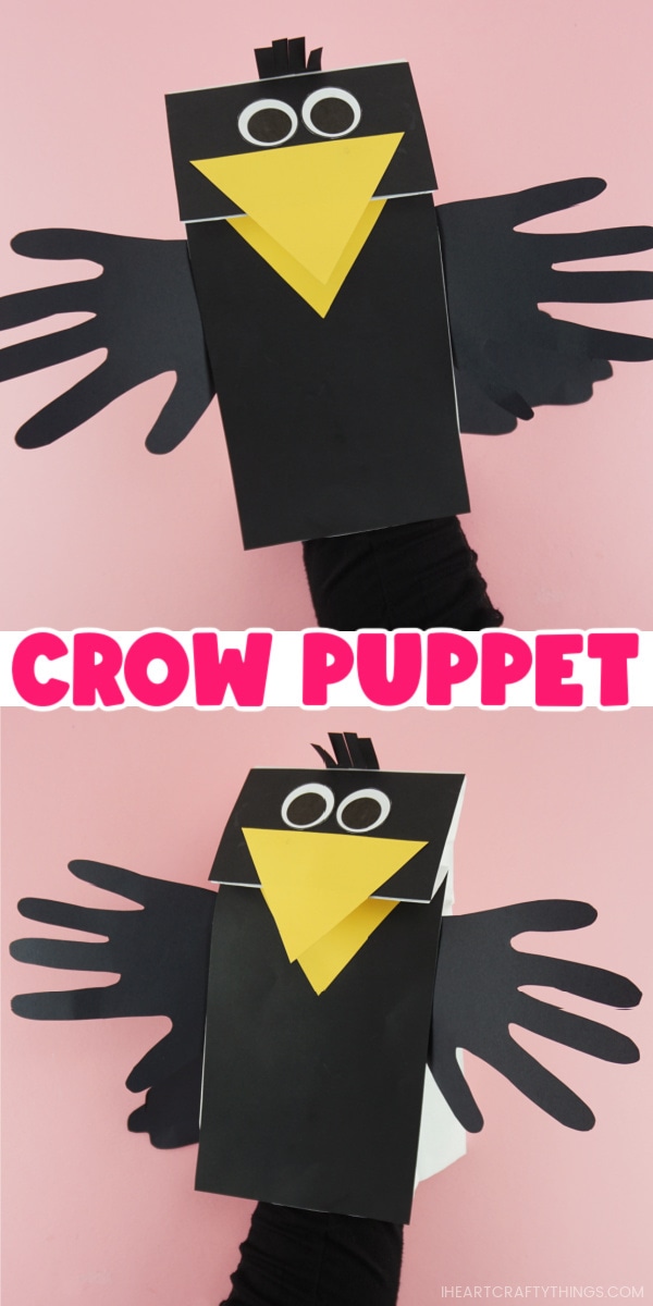 Two image vertical collage showing adult with hand inside the paper bag puppet showing the beak opening and closing and the words "Crow Puppet" in the center separating the two images.