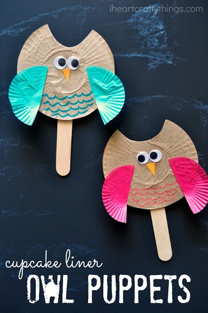 cupcake liner owl puppet craft