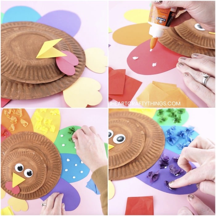 Four image collage showing a person gluing the beak, snood and feet on the paper plate turkey and then gluing tissue paper feathers onto the paper plate turkey.