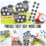 Three image photo collage showing a child using the sight words game with the text "Printable Sheep Sight Words Game" in the center of the photos.