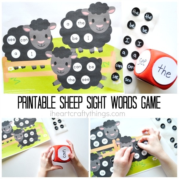 Three image photo collage showing a child using the sight words game with the text "Printable Sheep Sight Words Game" in the center of the photos.