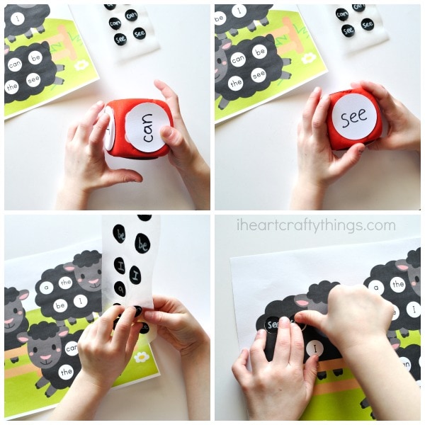 Four image collage photo showing a child tossing the foam dice, finding the correct word and placing it on the sight words printable.
