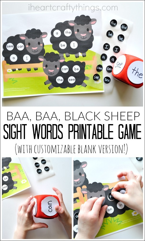 Three image photo collage showing child using the printable with the words "Baa, Baa Black Sheep, Sight Words Printable Game" in the center.