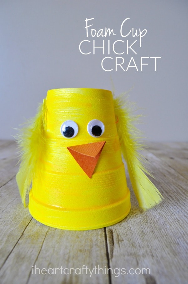 Vertical close up image of finished chick craft with the words "foam cup chick craft" in the upper right corner.