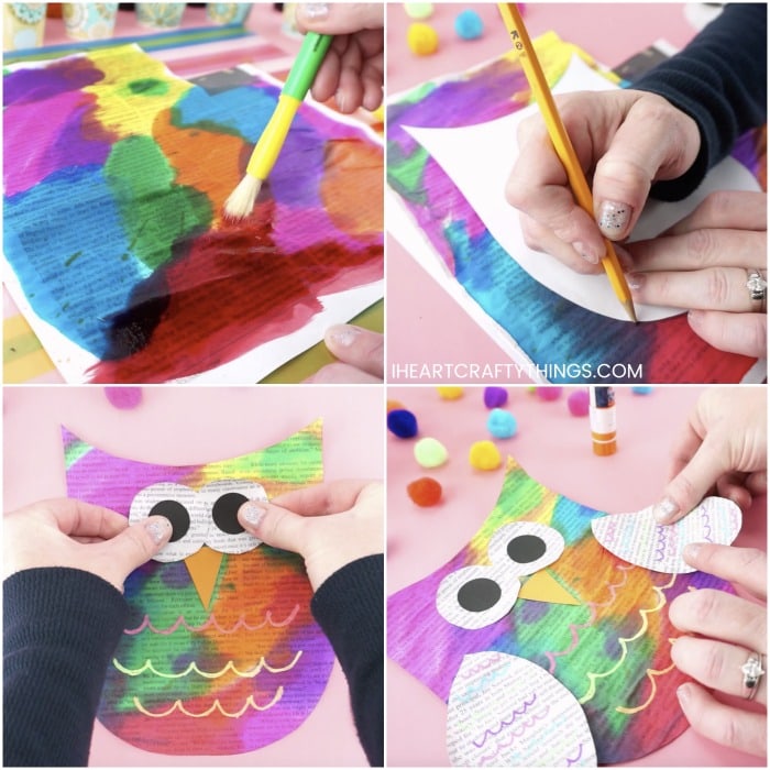 Four image collage showing someone painting newspaper with watercolors, tracing the template on newspaper and assembling the owl pieces together to make the owl craft.