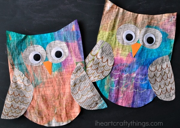 Two painted newspaper owl crafts laying side by side on a black chalkboard background.