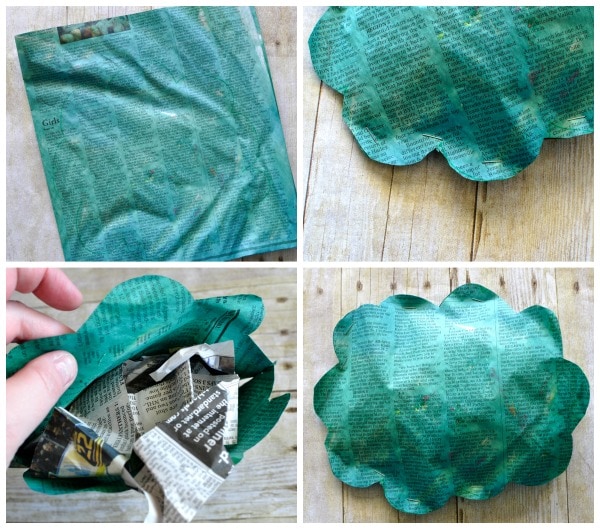 images showing how to make the stuffed newspaper tree 