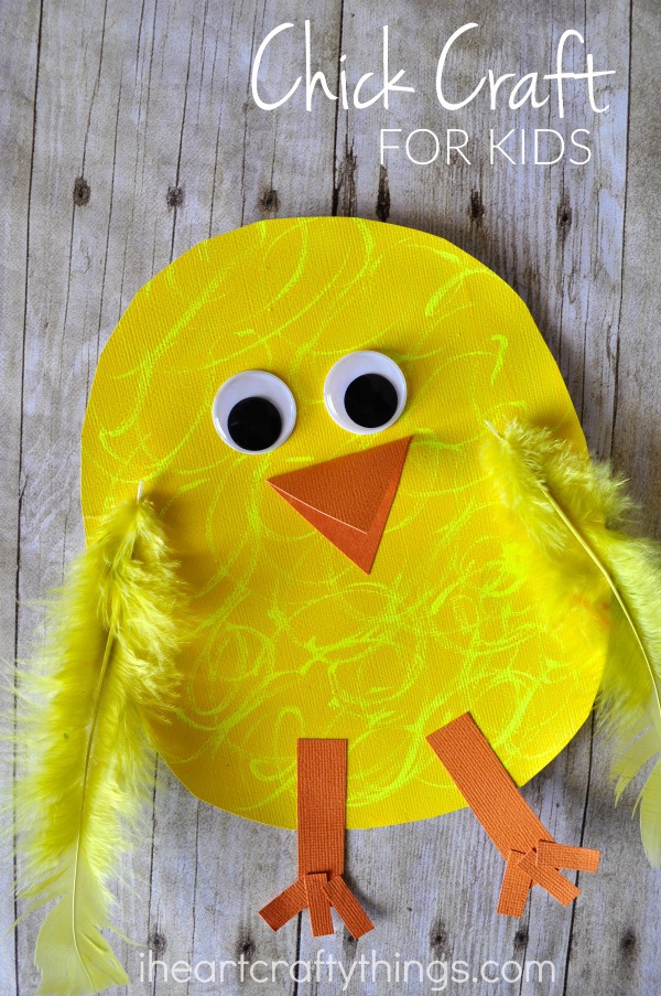Vertical image of finished chick craft with the words "Chick Craft for Kids" in the top right corner.
