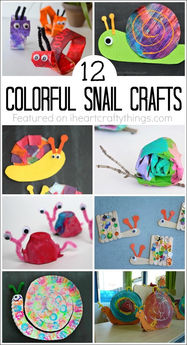 vertical image of 8 different snail crafts kids can make with the text "12 colorful snail crafts"