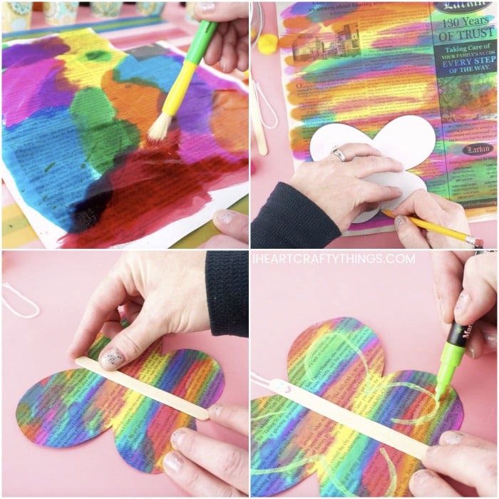Four image collage showing how to paint the newspaper with watercolors, how to cut out the butterfly wings from the newspaper and how to assemble the butterfly together.