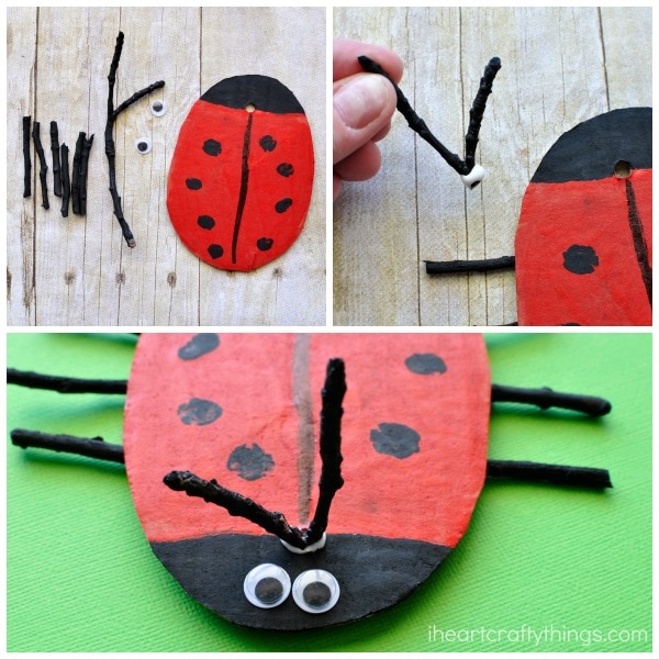 three images showing the steps for how to make a ladybug craft out of cardboard, sticks and paint.