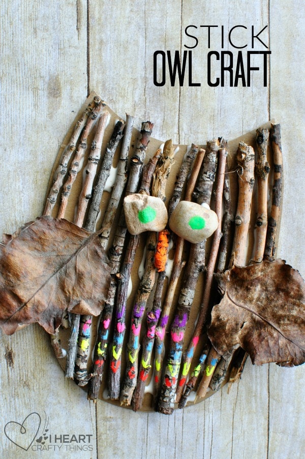 vertical close up image of owl craft with the words "stick owl craft" in the top right corner.