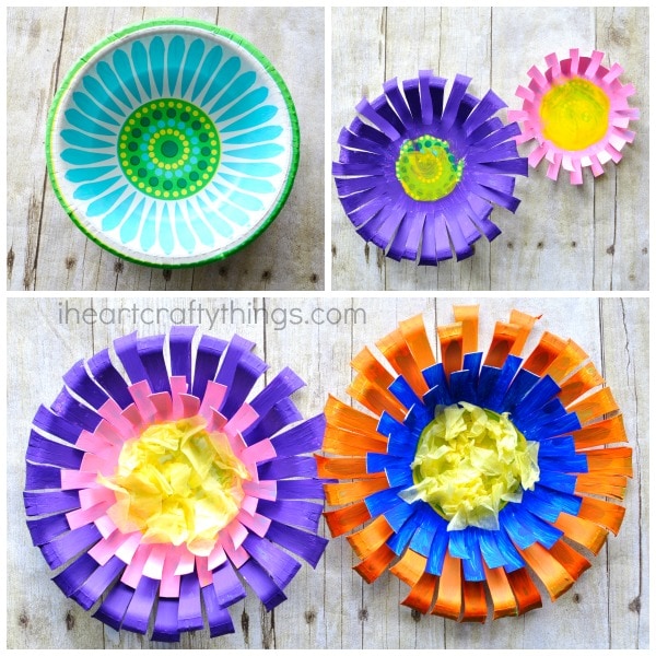 Bright and colorful paper bowl Flower Craft for kids, perfect for a spring kids craft.