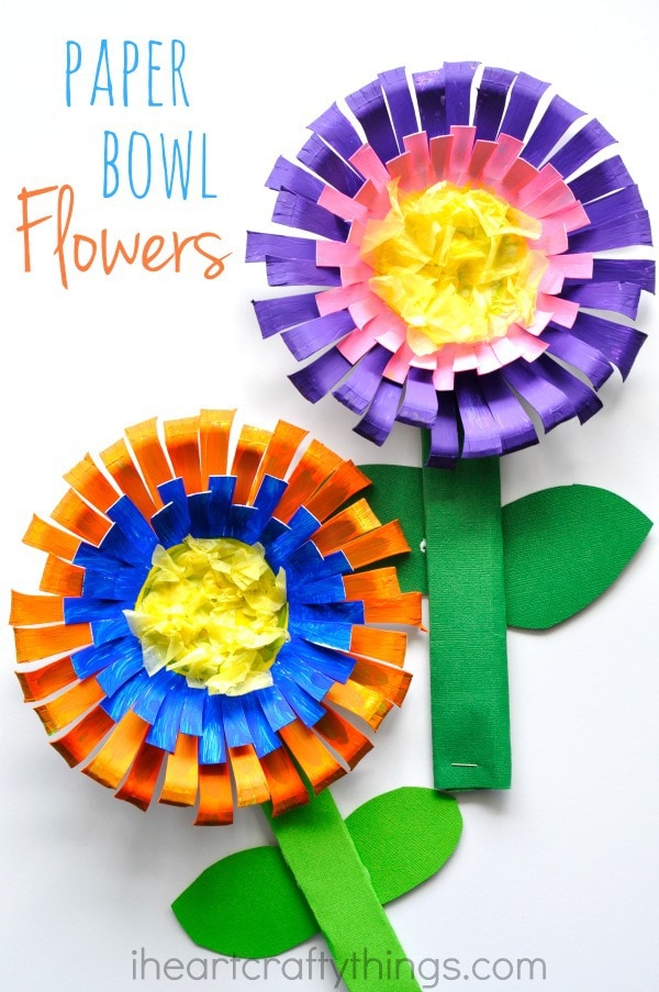 Bright and colorful paper bowl Flower Craft for kids, perfect for a spring kids craft.