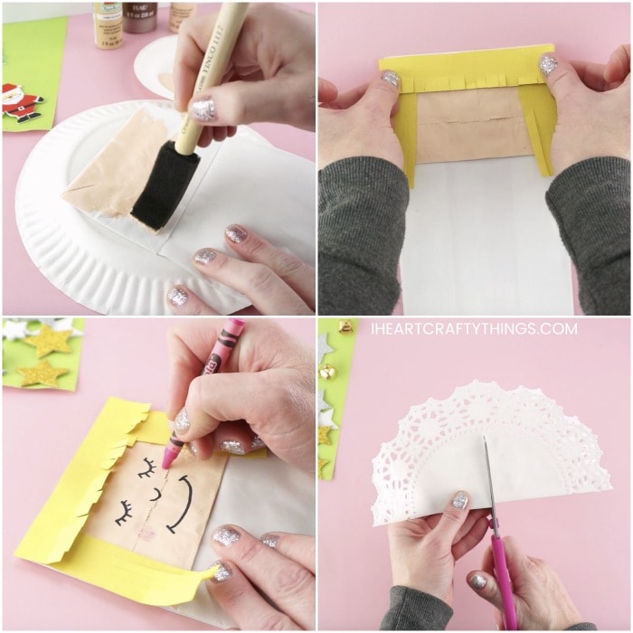Four image collage showing adult painting the top rectangle of the paper bag with skin tone paint, then gluing the rectangle hair pieces onto the angel face, then using a marker and crayon to draw a face on the angel, and then cutting a doily in half for the angel wings.