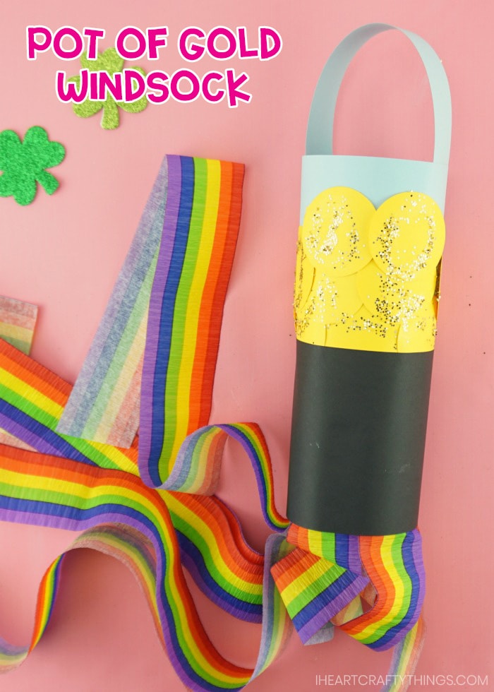 close up image of pot of gold windsock craft on pink backround