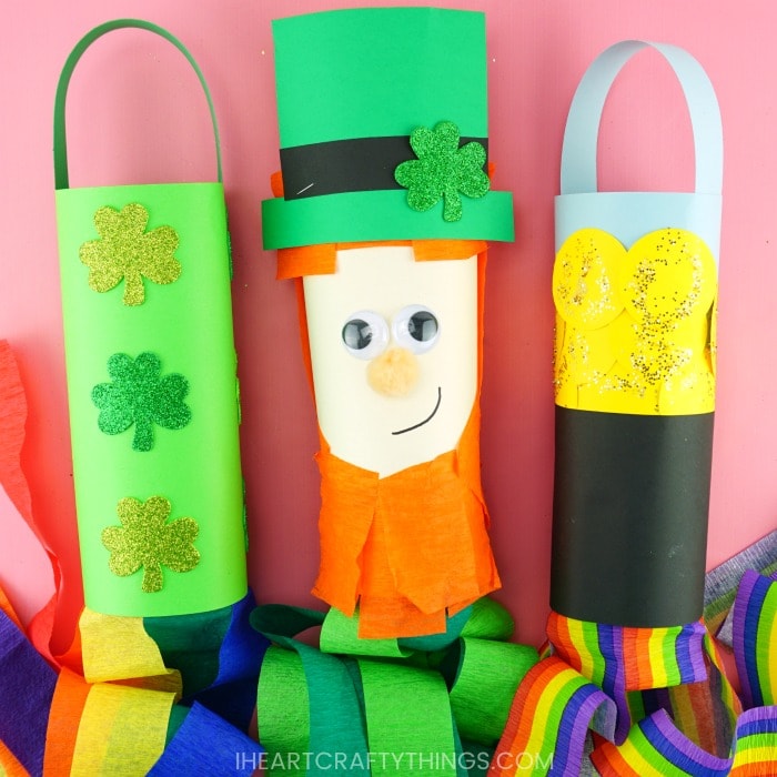 St. Patrick's Day windsocks laying down on pink background