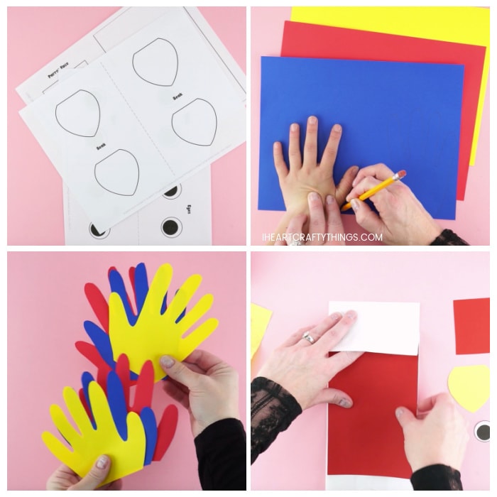 Four image collage showing printed out parrot template, adult tracing child's hand on colored paper, the cut out handprints and adult gluing parrot body onto paper lunch bag.