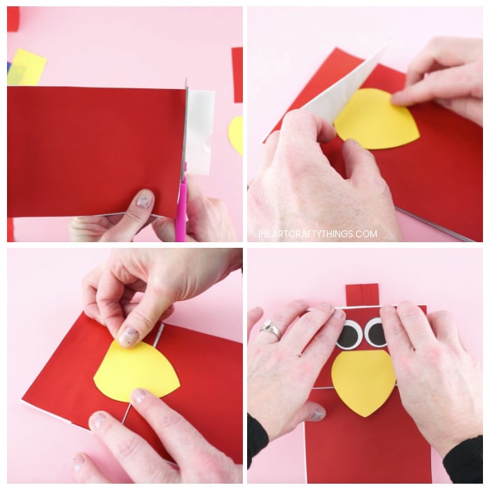 Four image collage showing an adult cutting off the excess at the end of the paper bag puppet and then gluing on the parrot beak, eyes and head feathers onto the bag.
