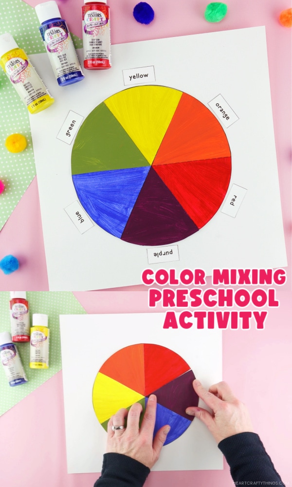 Two image vertical collage with top picture showing completed color wheel craft and bottom photo showing adult gluing pieces onto color wheel. Words "Color Mixing Preschool Activity" in the center between the two photos.