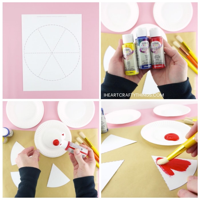 Four image collage showing the printed out color wheel template, an adult pouring a small amount of red paint on a paper plate and painting one of the color wheel triangle sections with red paint.