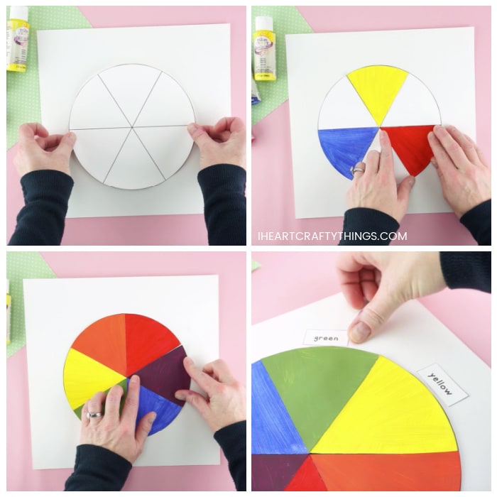 Four image collage showing someone gluing the color wheel template on a piece of white cardstock paper, how to glue each color section on the wheel and someone gluing the color names around the wheel.