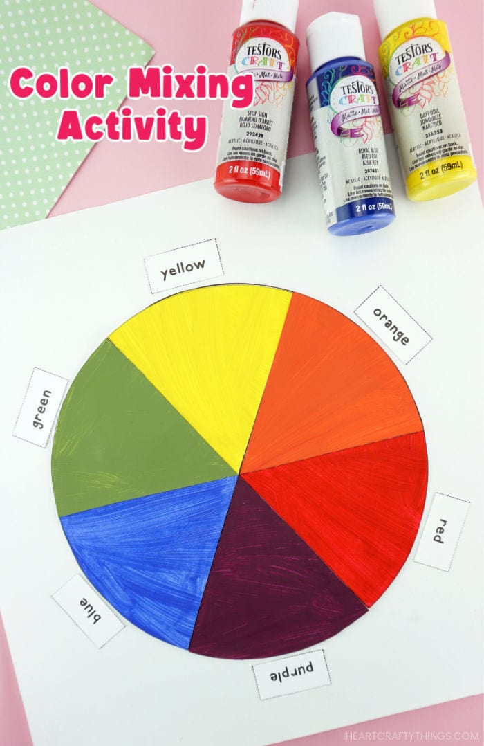 Vertical close up image of finished color wheel activity with red, blue and yellow bottles of paint laying in the top right corner and the words "Color Mixing Activity" in the top left corner.