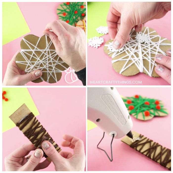 Four image collage showing adult wrapping the white yarn around the cardboard tree top, placing white snowflake stickers on the tree top, wrapping the brown yarn around the cardboard tree trunk and then gluing the tree together.