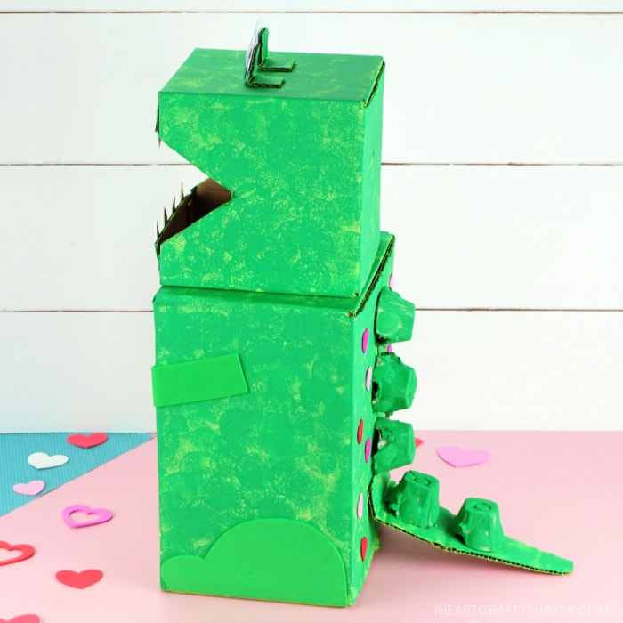 Side view angle of finished Dinosaur Valentine's box.