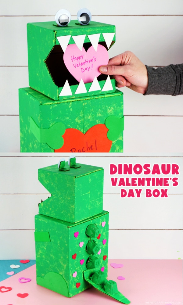Vertical two image collage with top picture showing someone putting a Valentine in the dinosaur box and bottom image showing side and back view angle of the dinosaur Valentine's box.