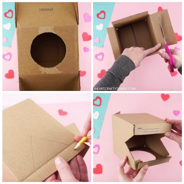 Four image collage showing how to cut the two boxes to make the dinosaur Valentine's box.