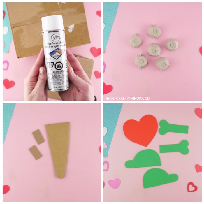 Four image collage showing the Testors adhesive spray, six egg carton sections cut from an egg carton, how to cut a dinosaur tail and strips to attach eyes and feet, arms and heart pieces you need to cut out of adhesive foam sheets.