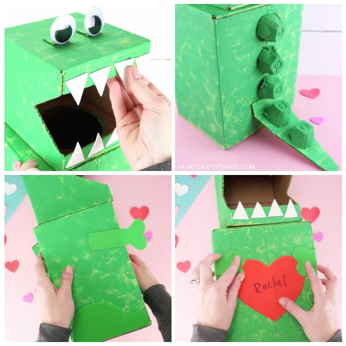 Four image collage showing how to glue all the pieces onto the dinosaur Valentine's box: the eyes, teeth, tail, egg carton pieces, arms, legs and heart.