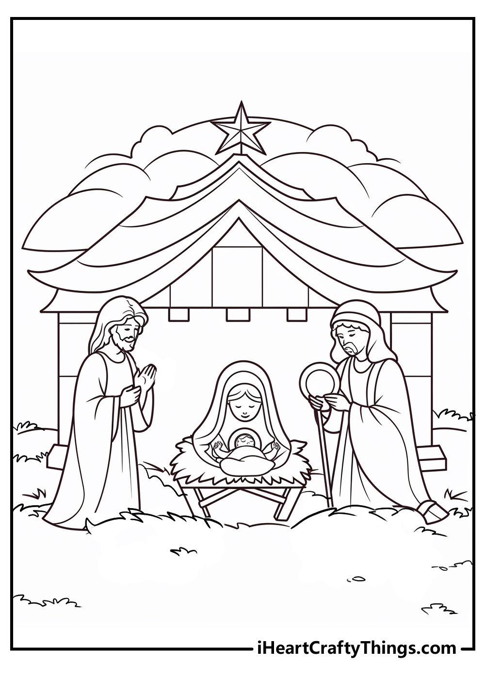 black-and-white nativity coloring printable