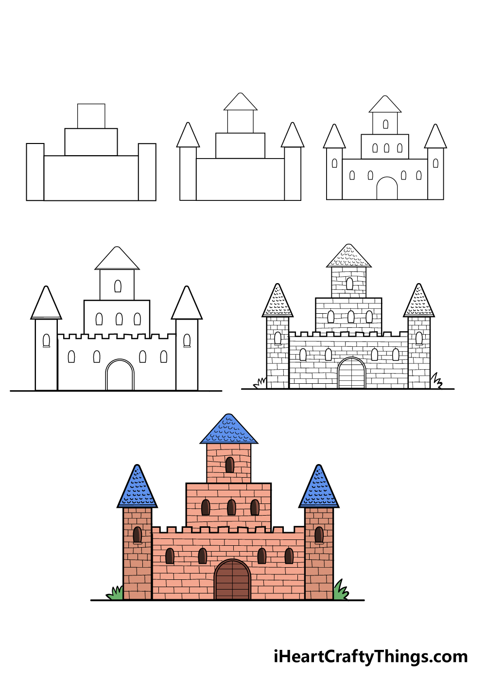 how to draw castle in 6 steps