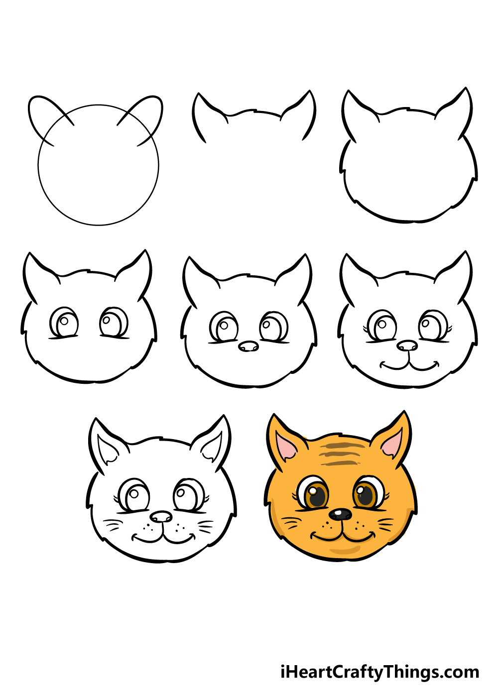 how to draw cat face in 8 steps