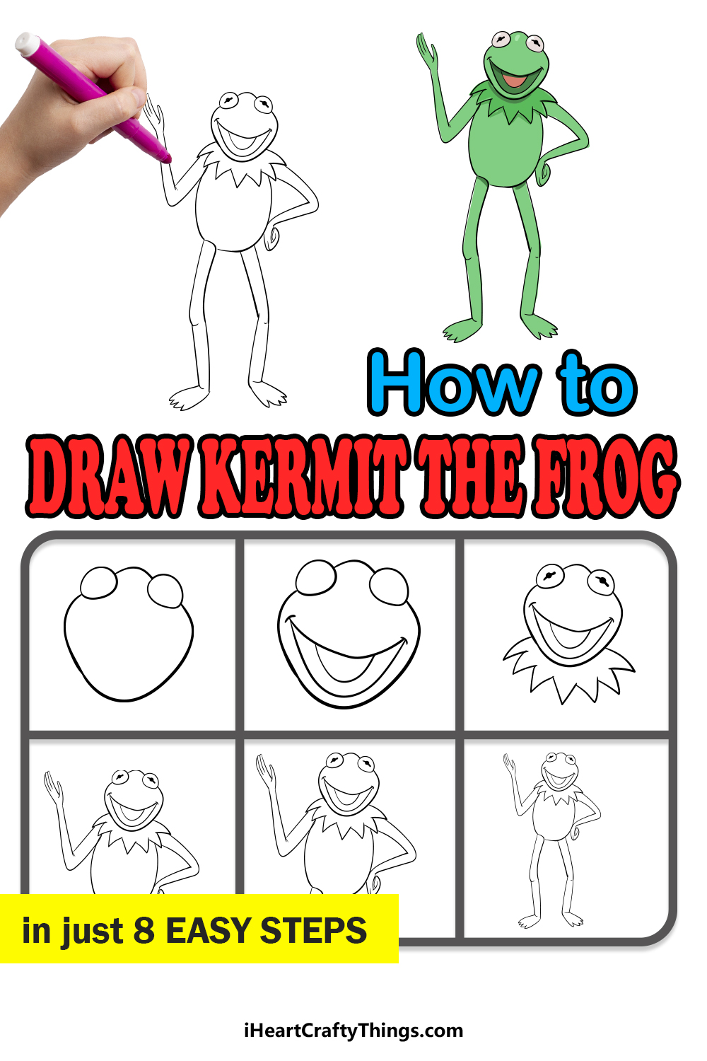how to draw Kermit the frog in 8 easy steps