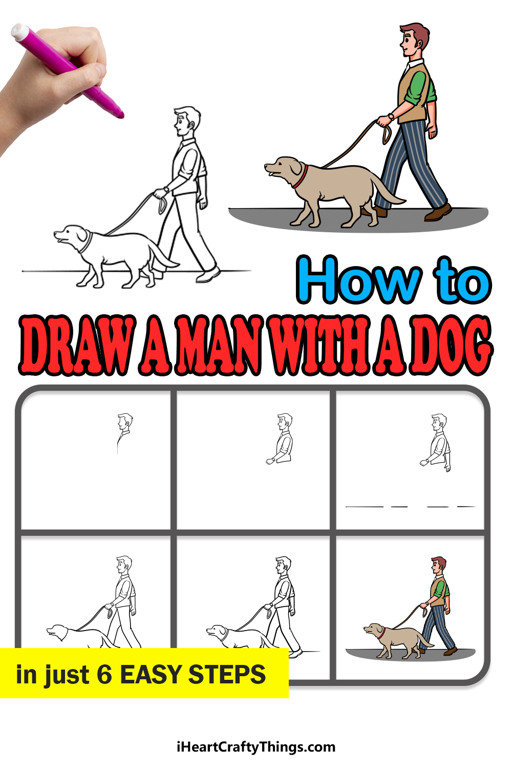how to draw a man with a dog in 6 easy steps