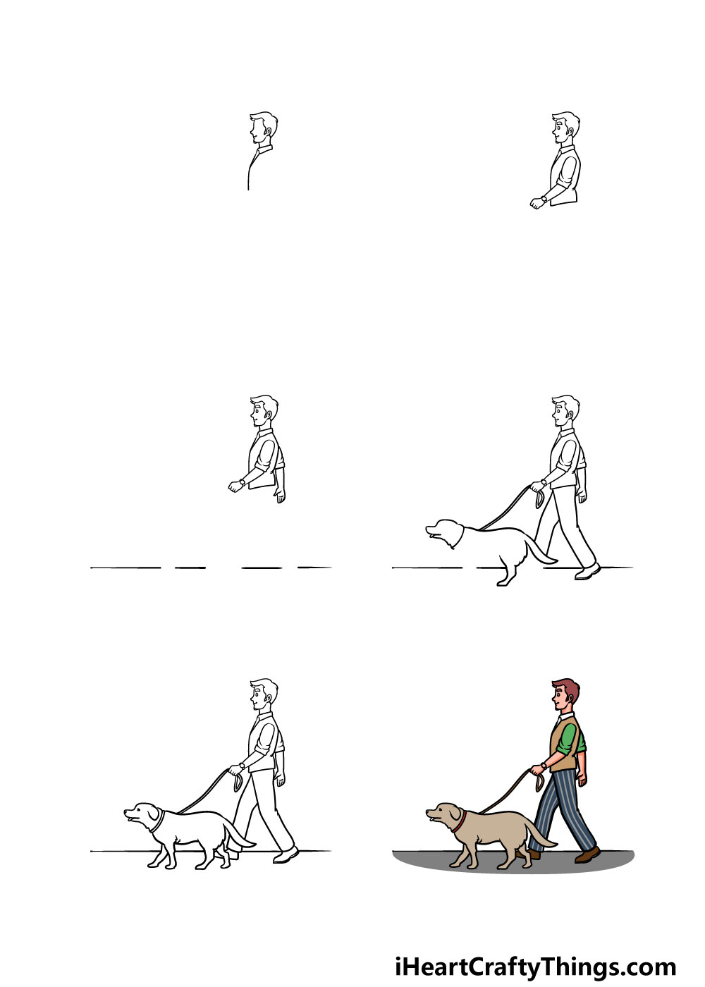 how to draw a man with a dog in 6 steps