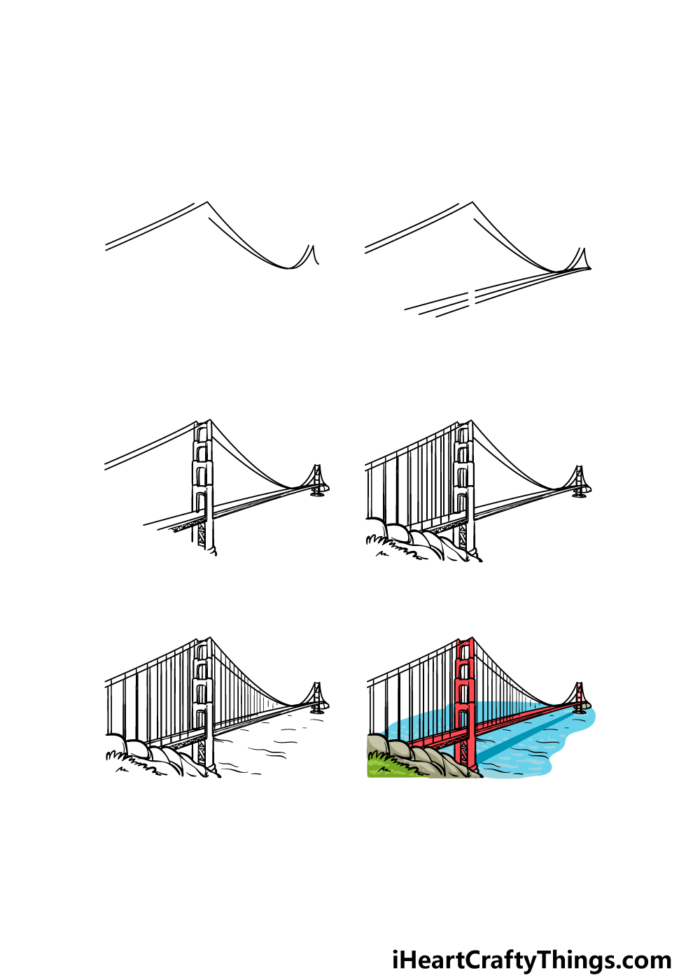 how to draw The Golden Gate Bridge in 6 steps