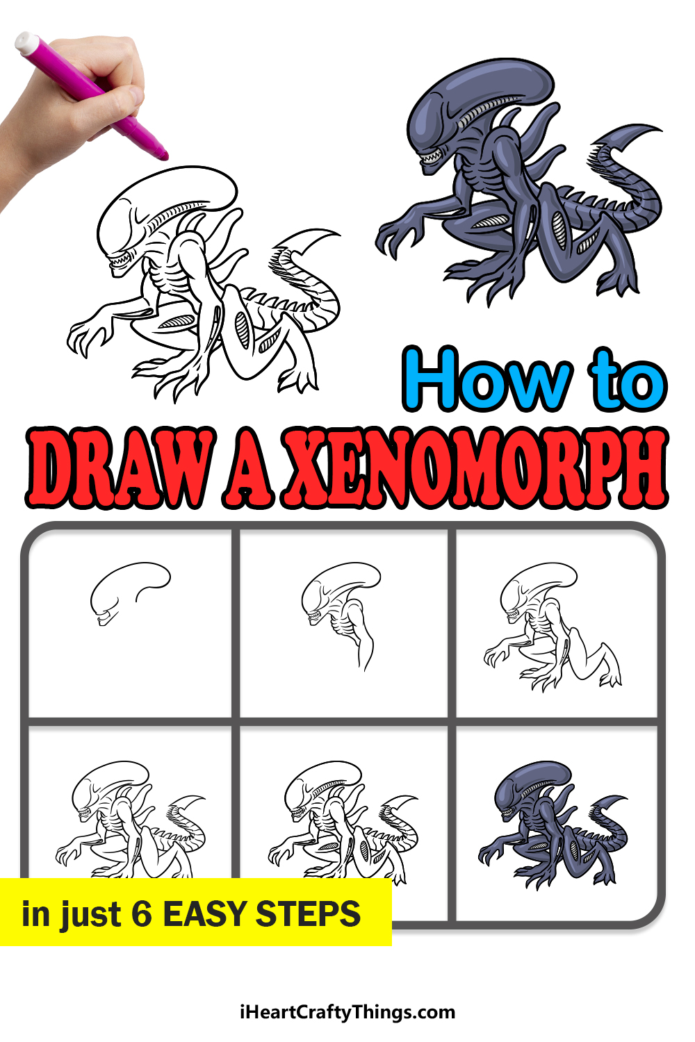 how to draw a Xenomorph in 6 easy steps
