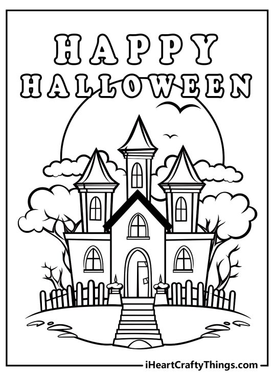 Printable Halloween coloring pages with haunted house and Happy Halloween text
