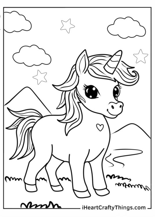 Simple Outline Of a Kawaii Unicorn To Color