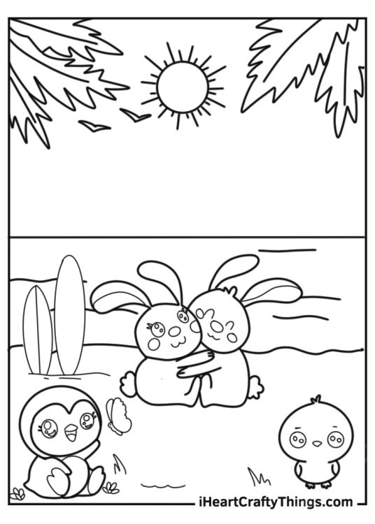 Beach Coloring Page Of Kawaii Chick, Penguin, And Bunny Hugging A Surfboard For Kids