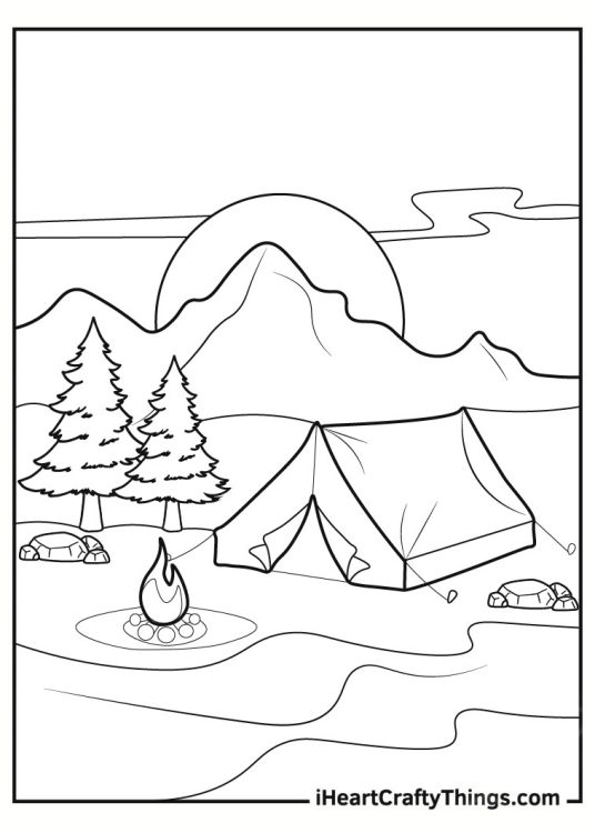 Camping Gear And Tent Around Bonfire