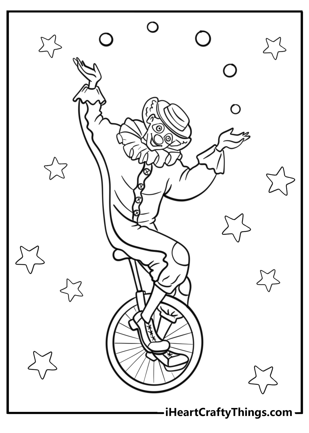Circus coloring page of clown juggling balls while balancing on ball
