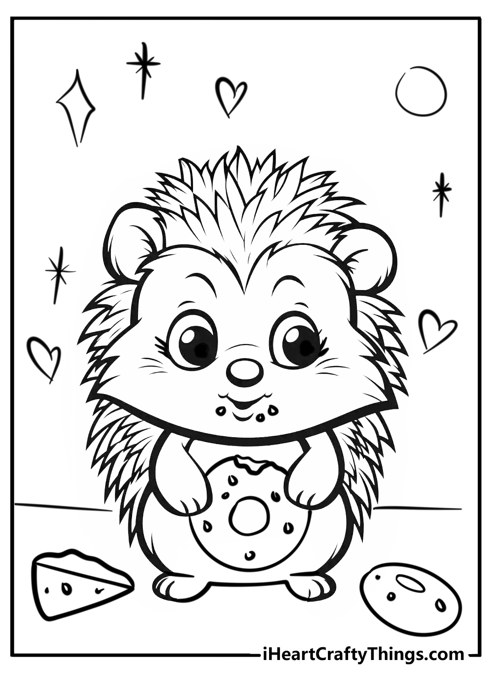 Cute animals coloring page of hedgehog eating mini donuts